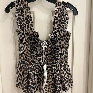 Ganni Leopard Smocked Peplum Tank Top in Black and Tan